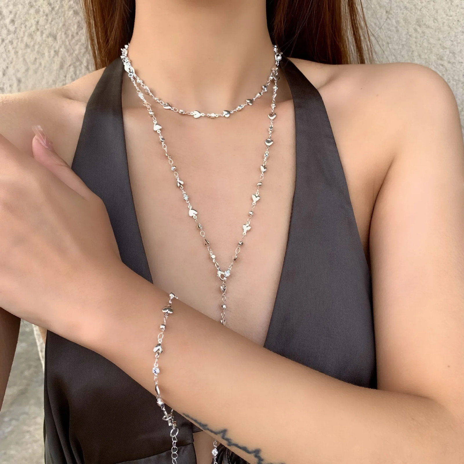 Trendy Gold Silver Color Glass Long Y-Shaped Necklace Metal Collarbone Chain
