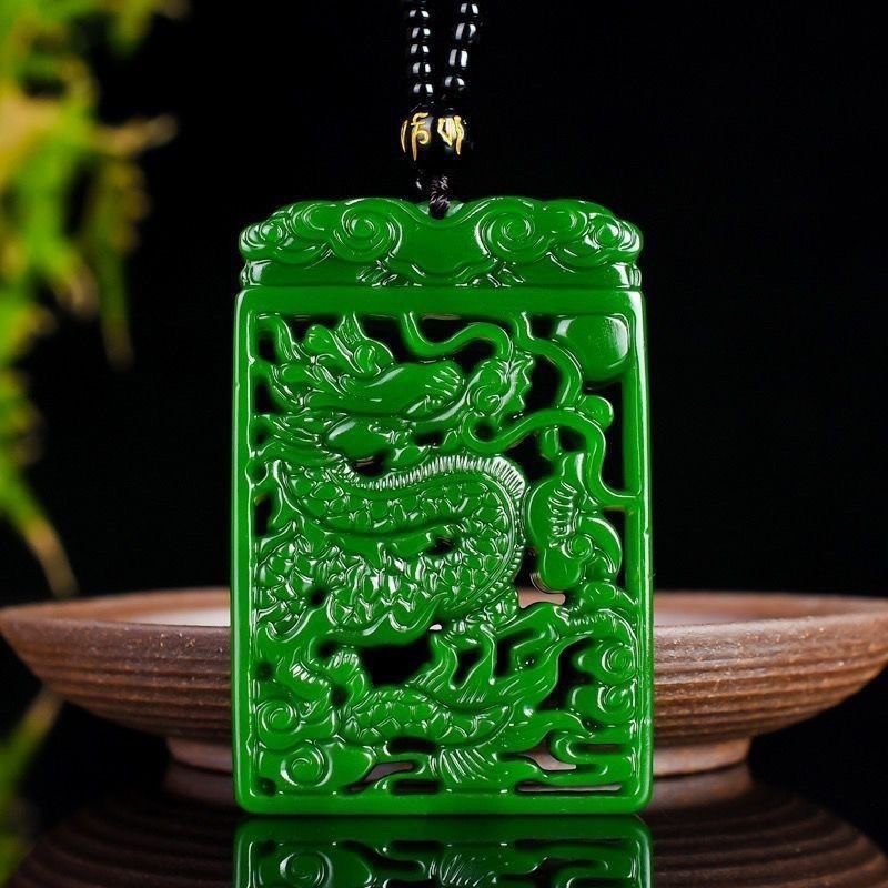 Natural Hotan Jade Jasper Carved Dragon Flying World Pendant Sweater Chain