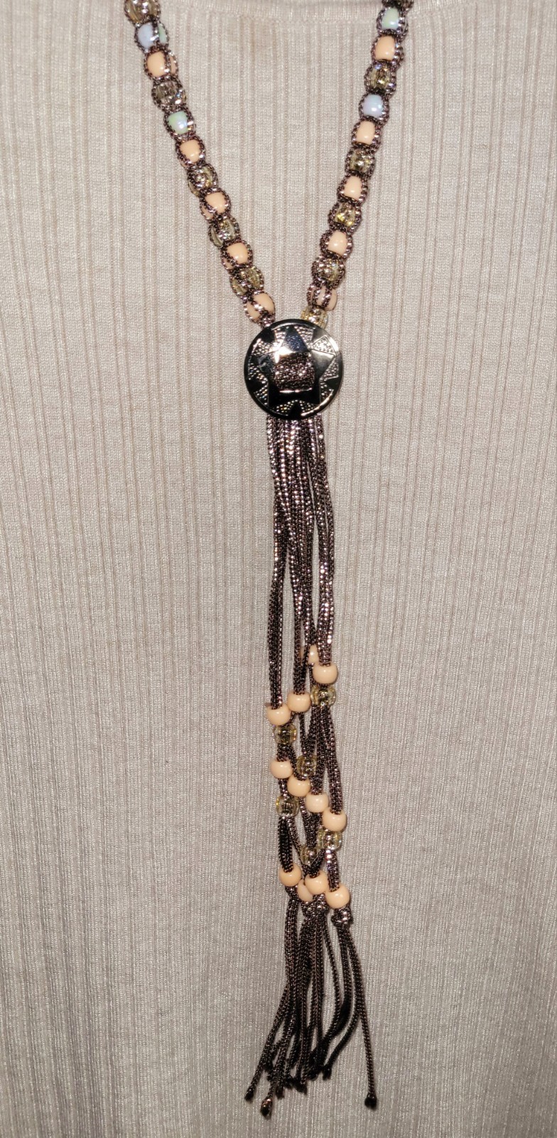 Vintage Western Bolo Tie Brown Silver Cord Silver Tone Concho Beaded Necklace