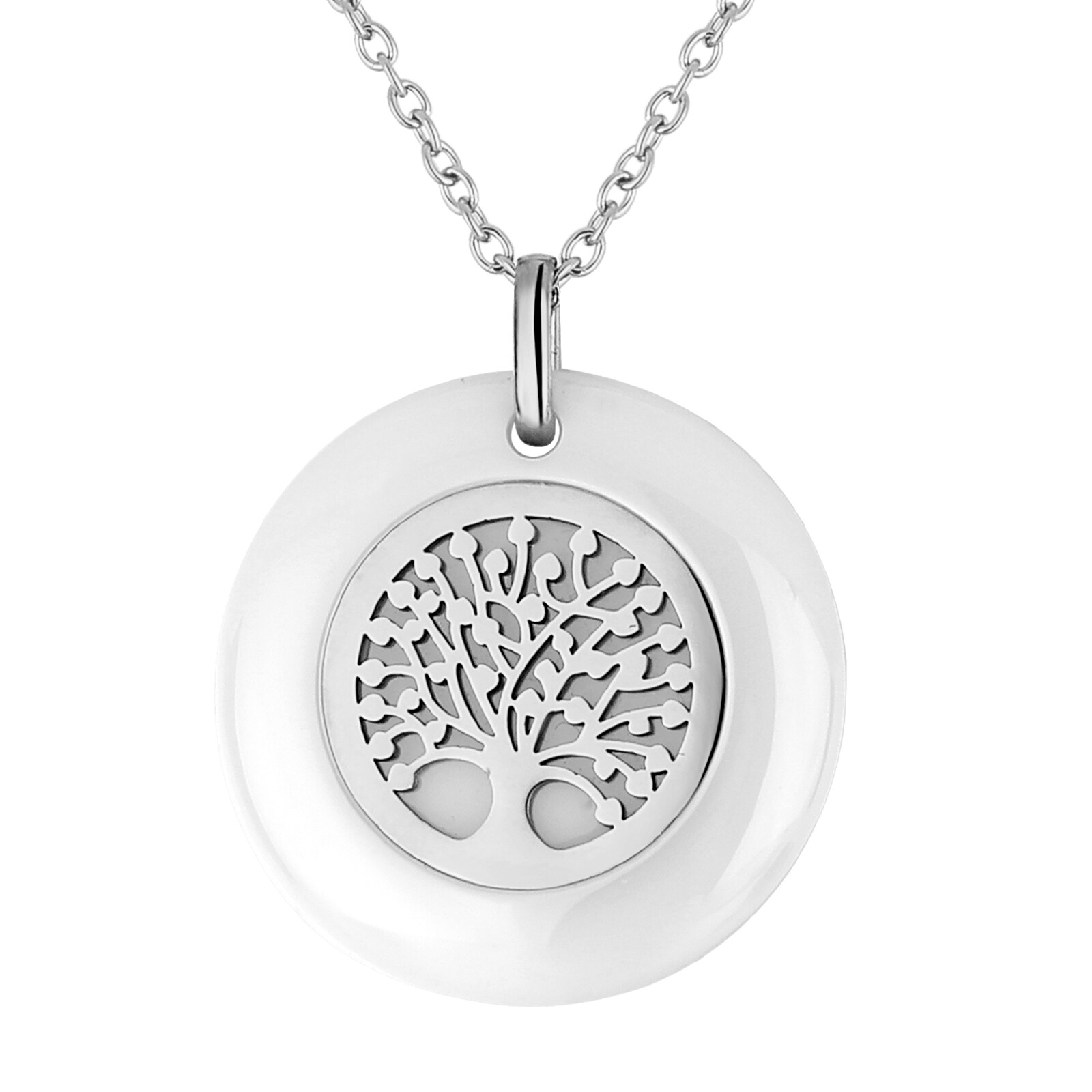 Womens Dainty Stainless Steel Ceramic Round Family Tree of Life Pendant Necklace