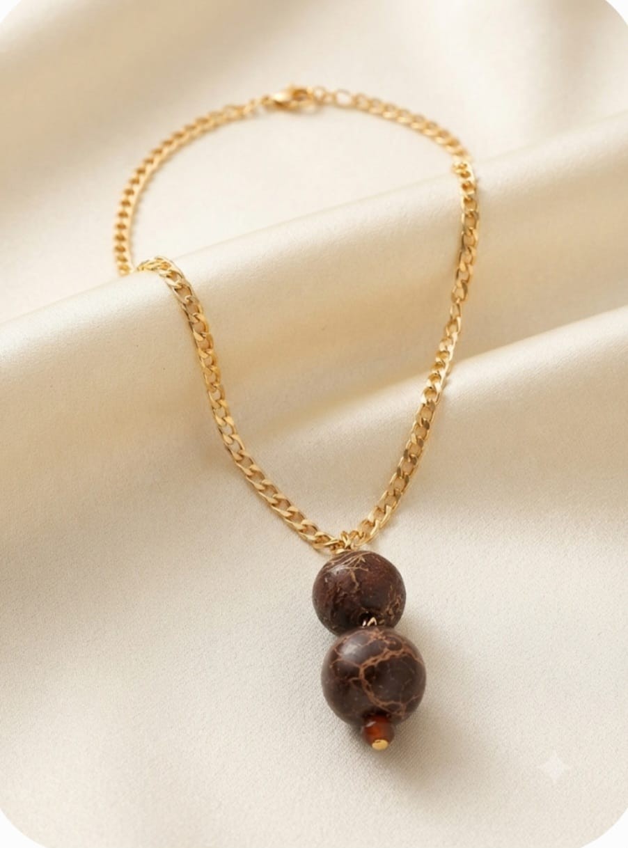 Gold Plated Double Brown Stone Bead Pendant Necklace Vintage Boho Jewelry Gift