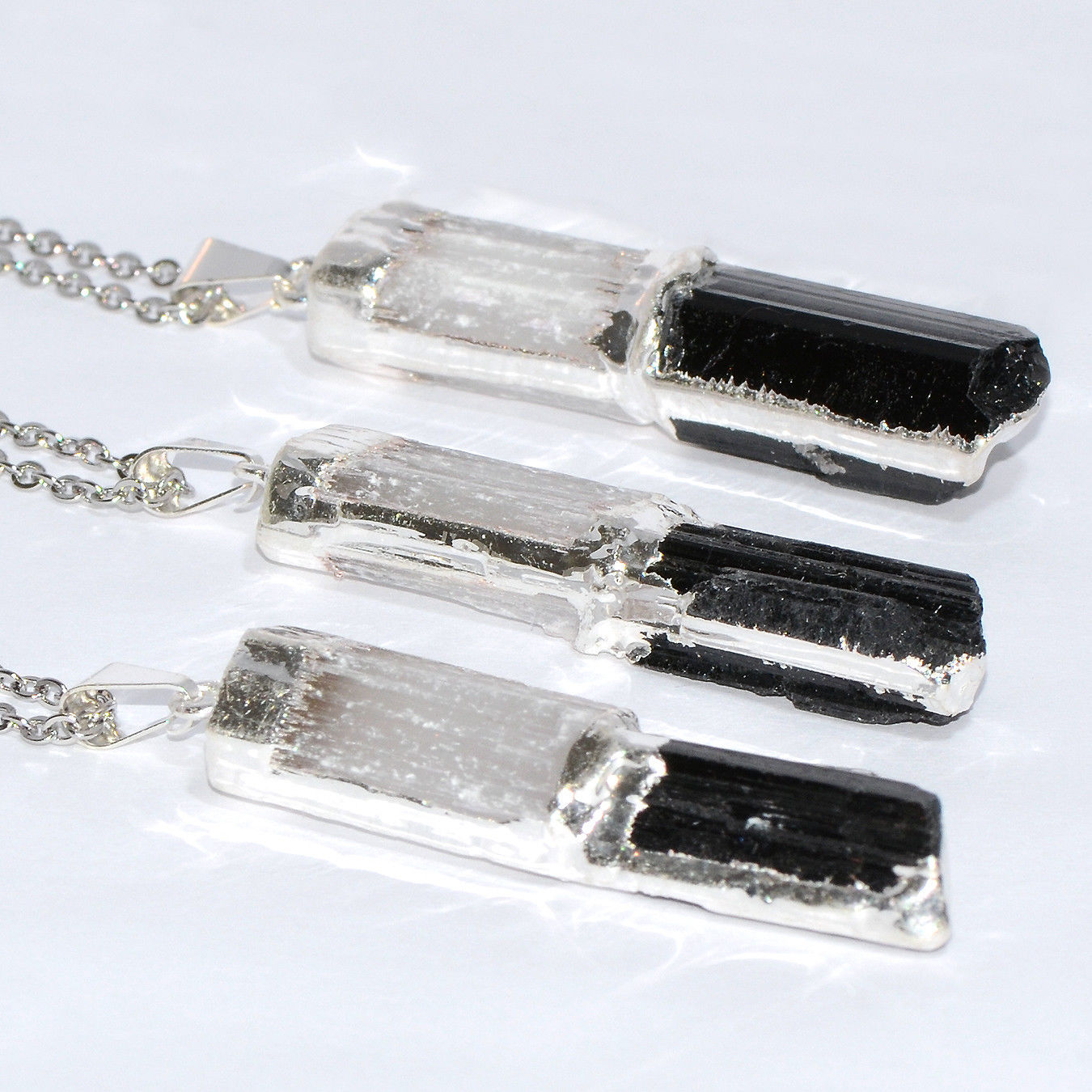 Black Tourmaline and Selenite Stacked Pendant Necklace Sterling Silver Chain Hea