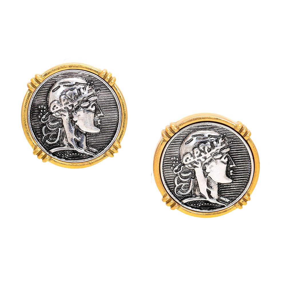 Two-Tone Gold Silver Big Coin Pendant Set Vintage Chunky Link Necklace Earrings