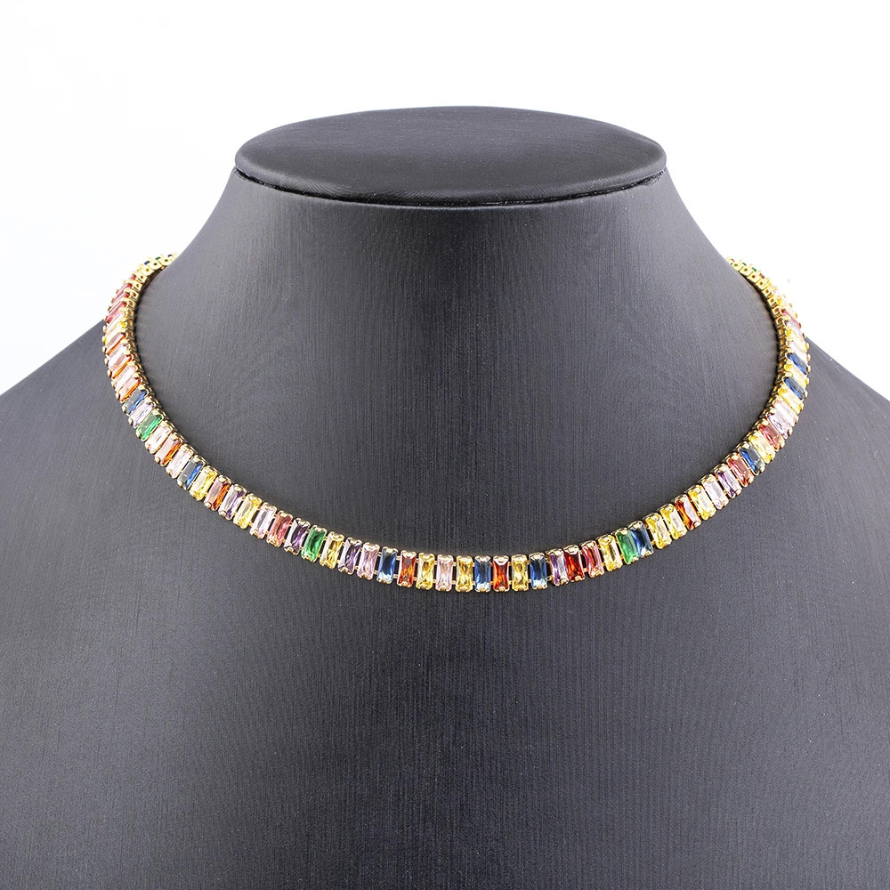 Classic Colorful Tennis Necklace Men and Women Rectangular Full Zircon.