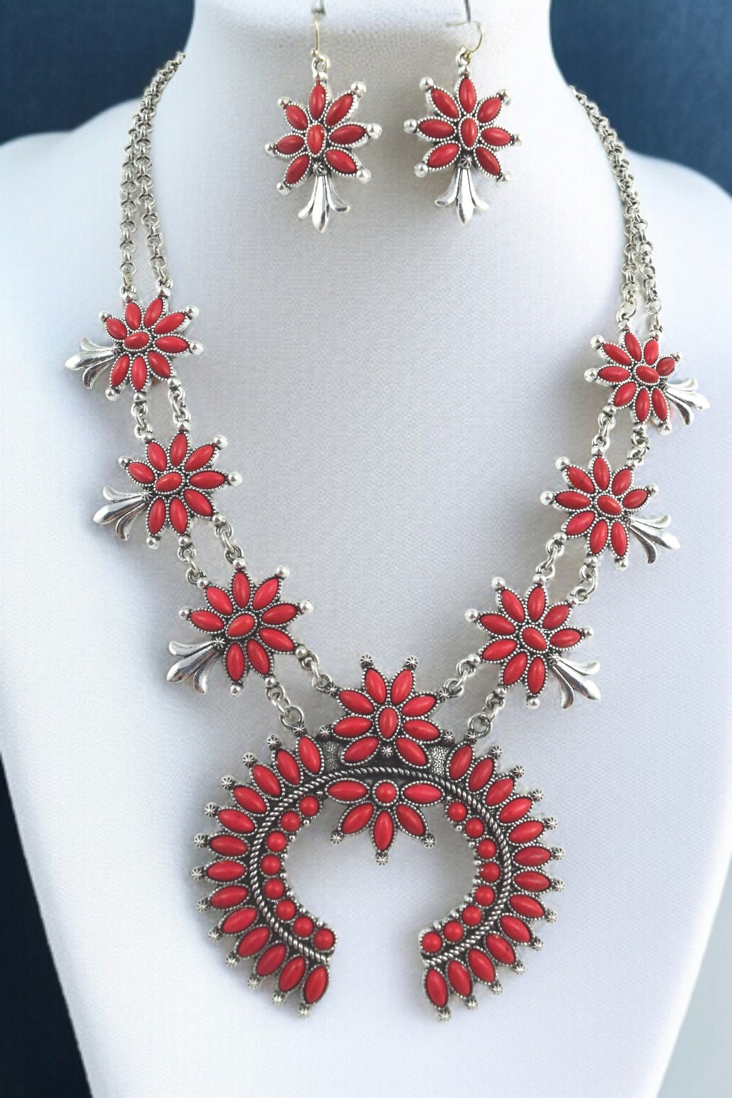 Bohemian Red Squash Blossom Statement Necklace and Earrings, Western Style