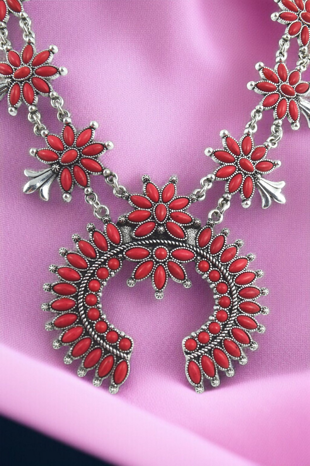 Bohemian Red Squash Blossom Statement Necklace and Earrings, Western Style