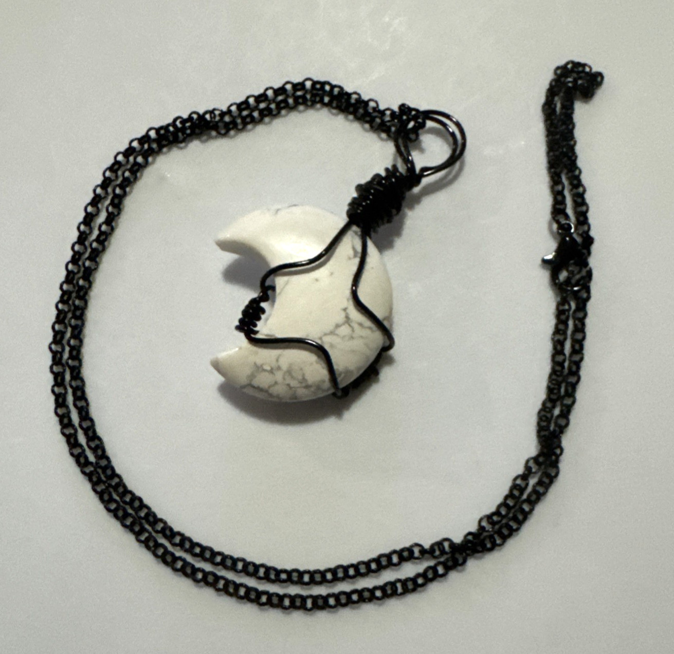 Howlite Moon Pendant Necklace Jewelry Black 21″ Chain Genuine Stone Handmade