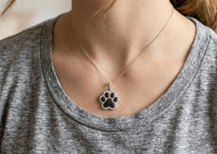 2Ct Black Onyx/Cubic Zircon Large 1.5″ Cat Paw Print Pendant Necklace Stones