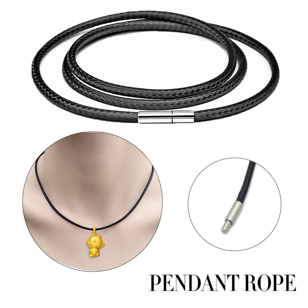 Men Women Black Leather Cord Choker Stainless Necklace Rope (Steel Turn & Click)