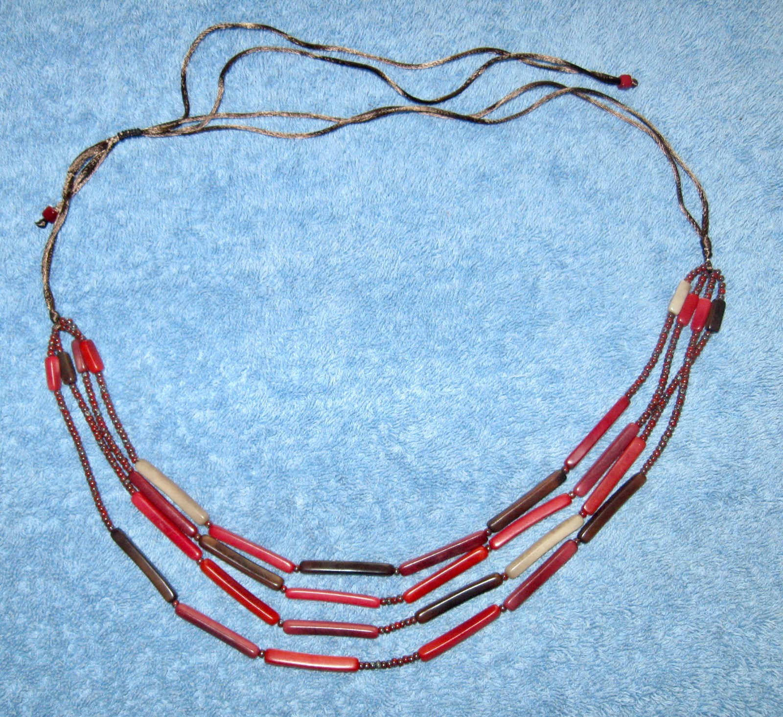 Tube Beads Necklace; Corded; 11″ Drop as Shown (Adjustable) Red Hues; Seed Beads