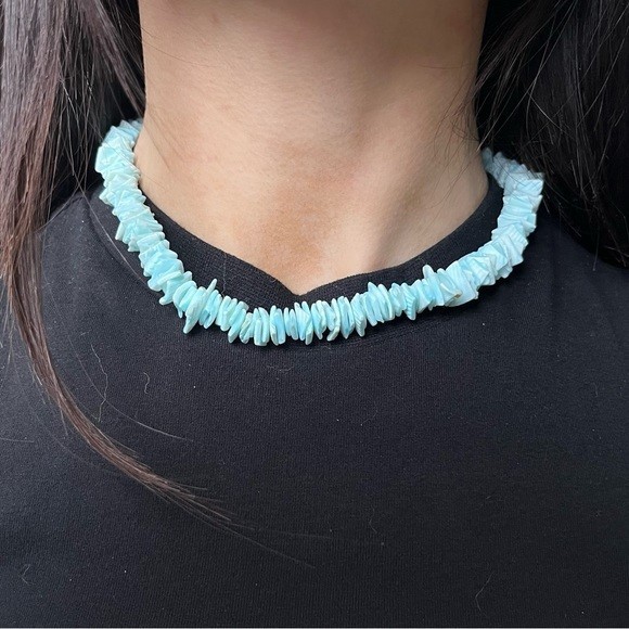 Teal Blue Puka Shell Necklace – Hawaiian Style Clam Chip Surfer Necklace