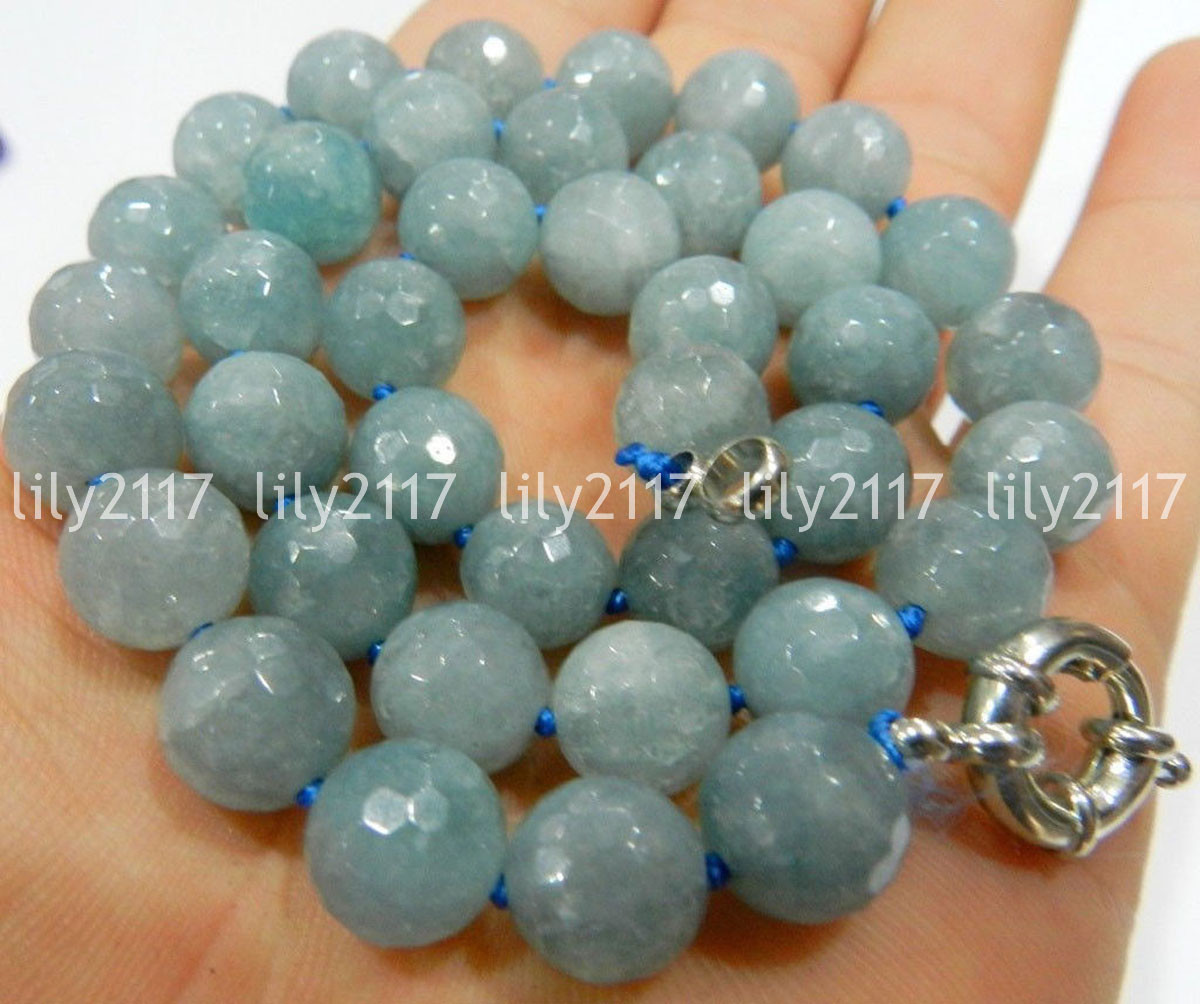 Natural 8/10/12mm Faceted Round blue Aquamarine Beads Gemstone Necklace 18″ AAA