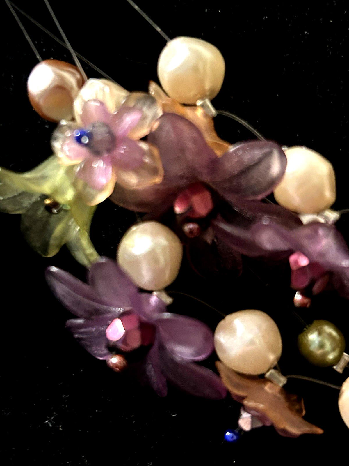 Floral Acrylic Necklace Earrings Faux Pearls Fairy Lavender Rhinestones