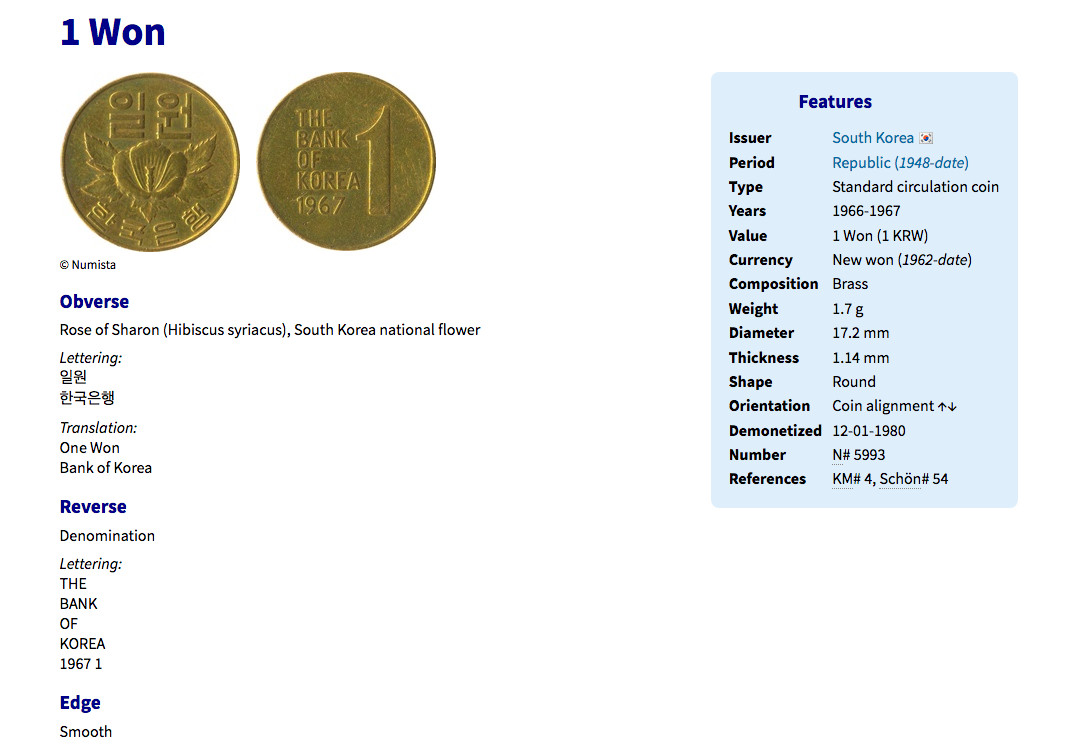 1967 South Korea 1 Won coin pendant Rose of Sharon Mugunghwa Seoul Busan n000055