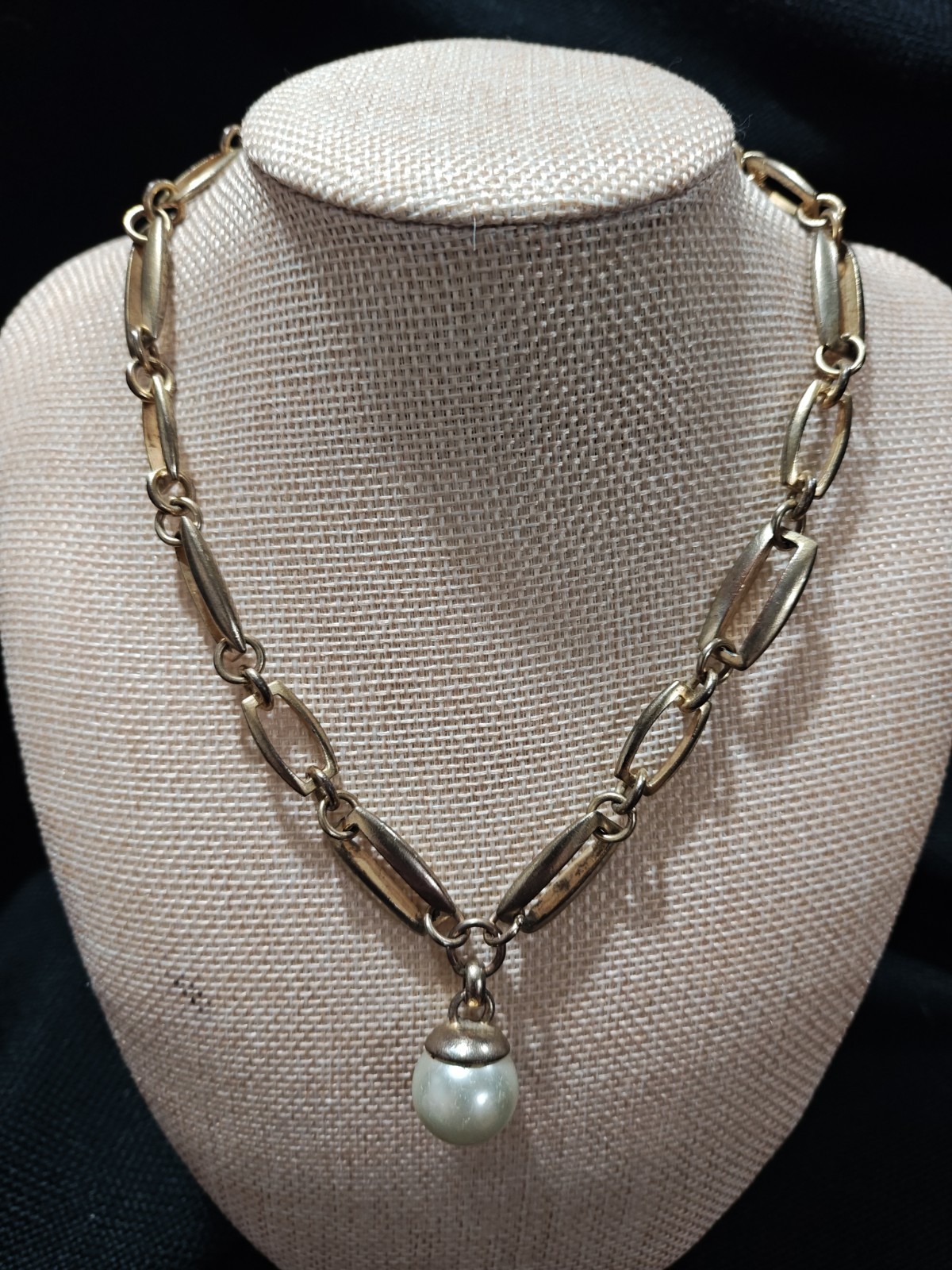Anne Klein Antique Gold-Tone Paperclip Link Chain Necklace w/Faux Pearl Pendant.