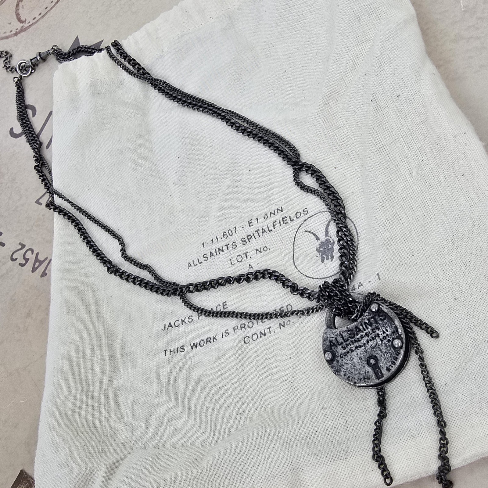 ALL SAINTS WOMENS VINTAGE DISTRESSED PADLOCK NECKLACE BLACK GREY LOCKET RARE