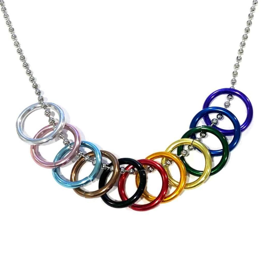PROGRESS PRIDE FREEDOM RINGS NECKLACE 20″ Chain LGBTQ Inclusive Rainbow Flag NEW