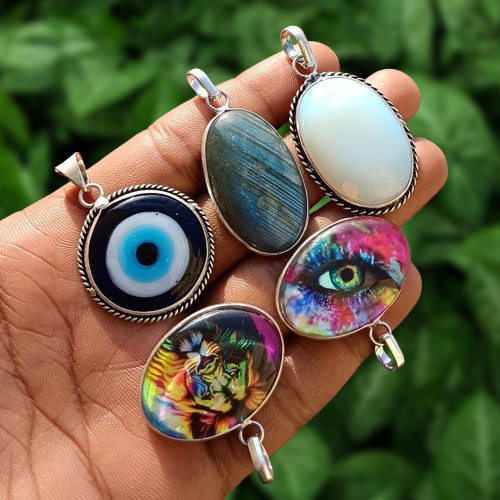 Trendy Dichroic Glass & Mix Gemstone 5PCS Pendants 925 Silver Plated Lot Jewelry