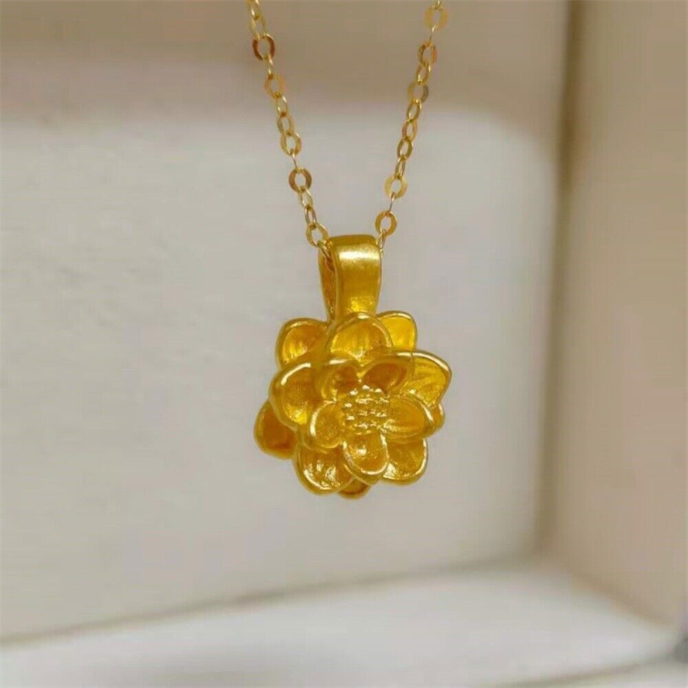 Real 24K Yellow Gold 3D Lotus Flower Pendant 18K Yellow Gold O Chain Necklace