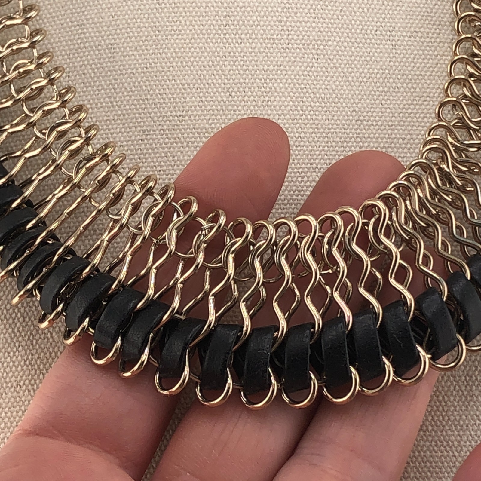 Woven Bib Necklace Gold Tone & Black Cord Statement Festival Retro Collar