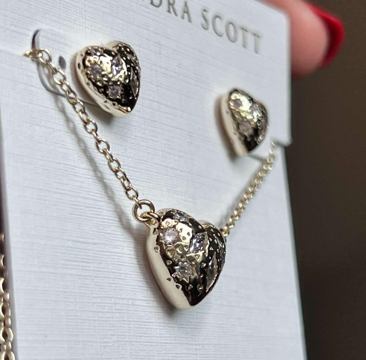 Kendra Scott Heart Pendant White Crystal 14K Gold Earrings and Necklace NEW SET