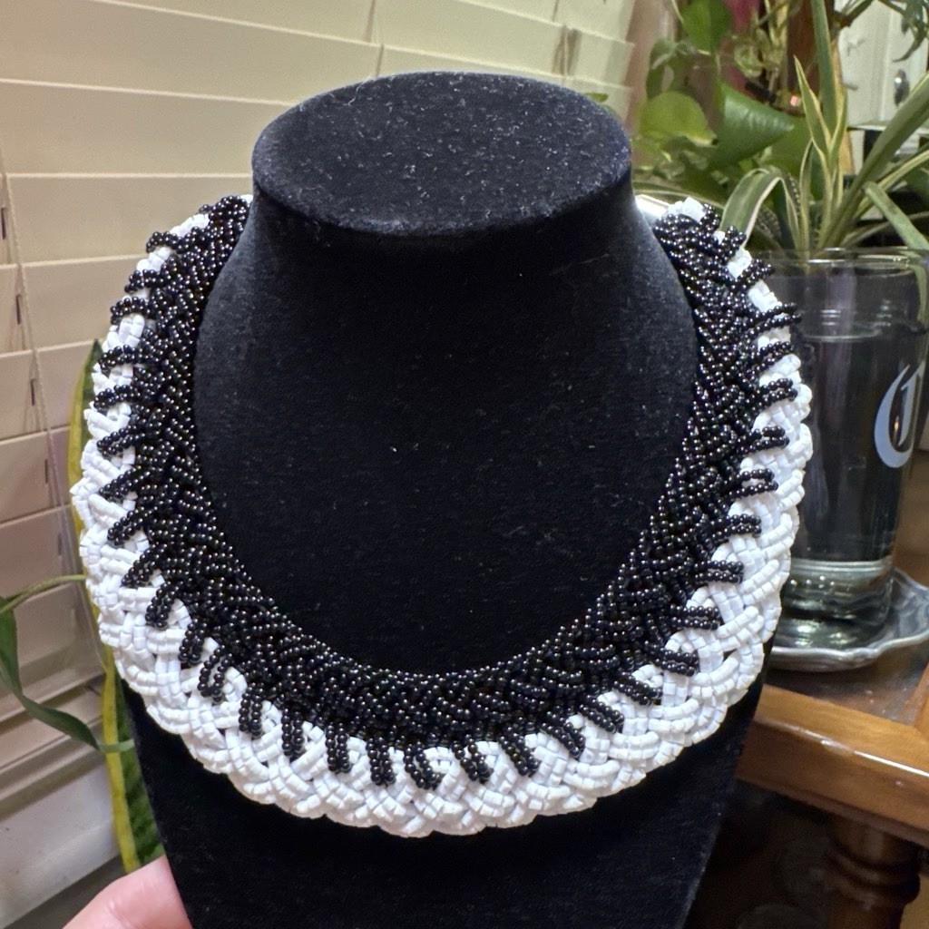Black & White Glass Beaded Statement Collar Necklace with Toggle Closure