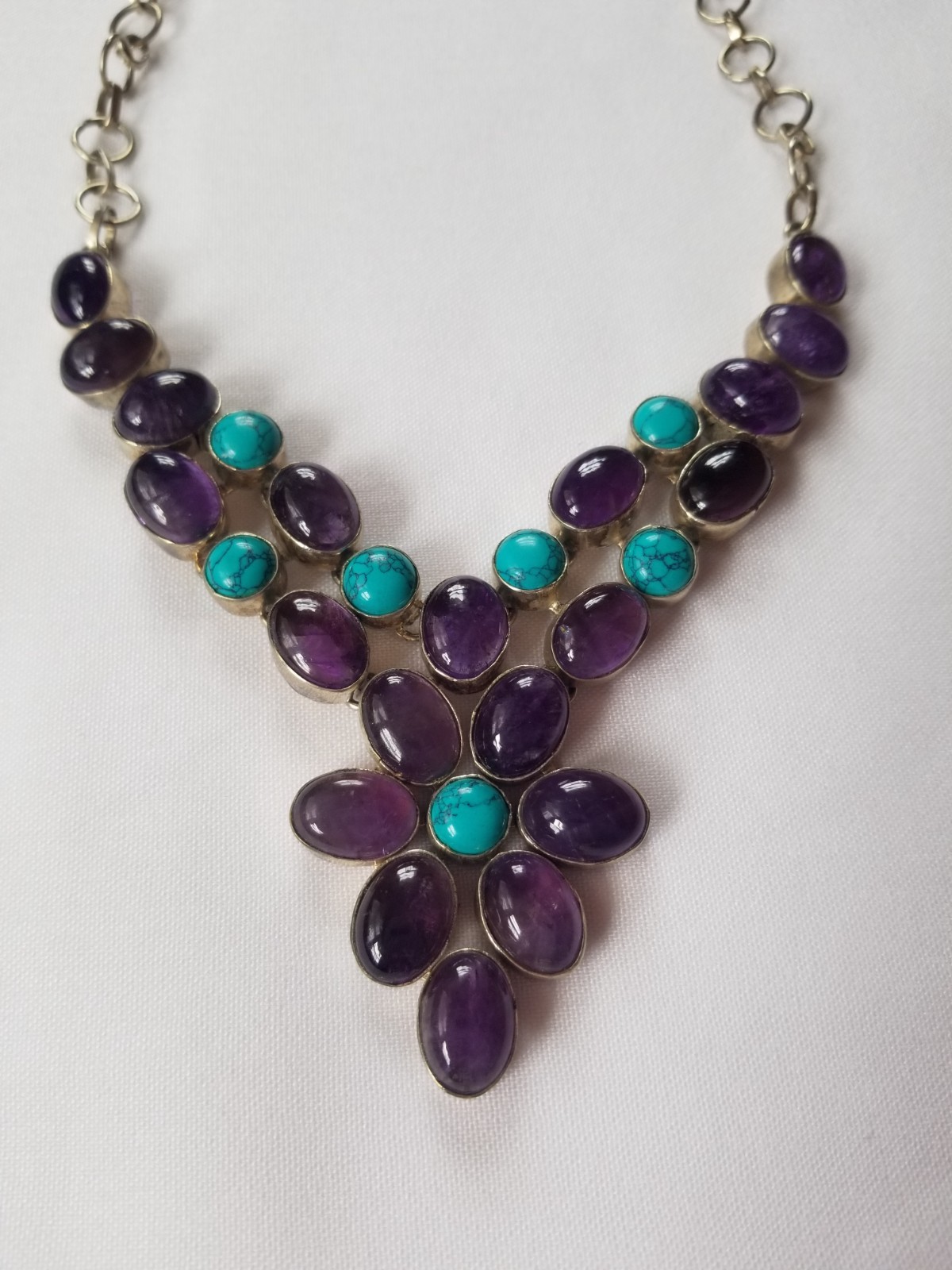 Multi Gemstone Flower Bib Statement Necklace Silver Amethyst Turquoise Handmade