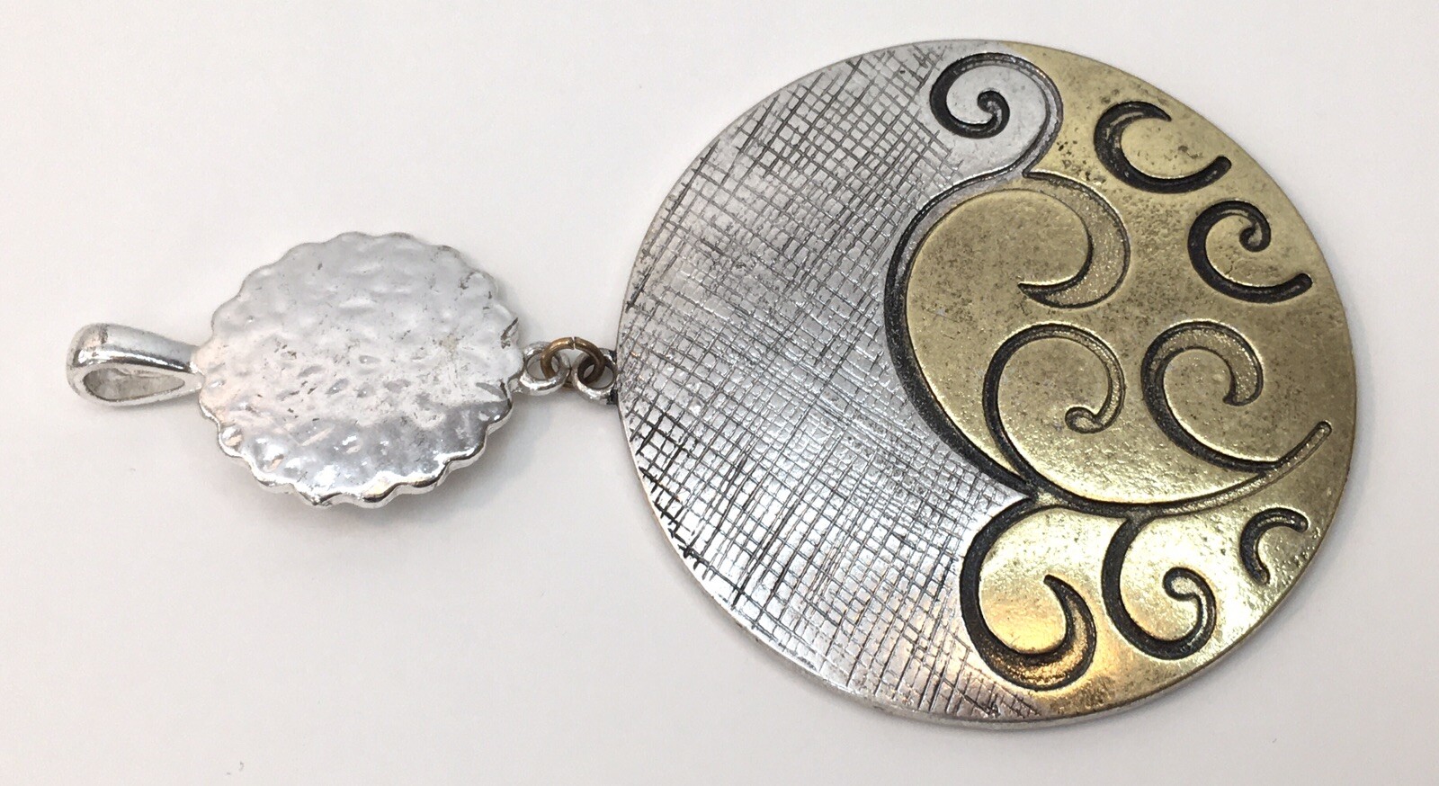 Silver Tone & Gold Tone Double Drop Dangle Statement Pendant Circles 3.75″