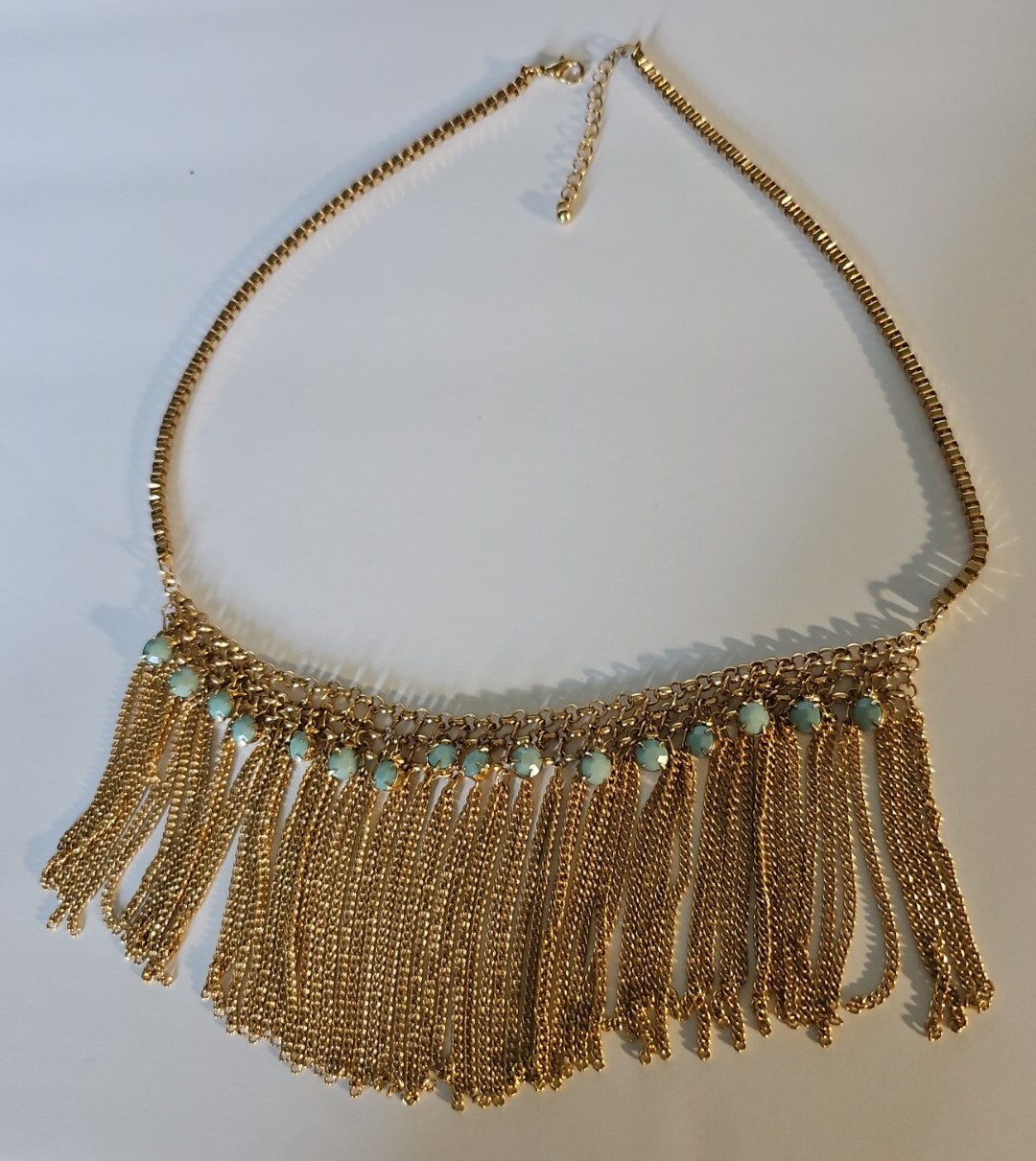 Gold Tone Fringe Necklace With Blue Green Accents No Maker Mark Square Chain…