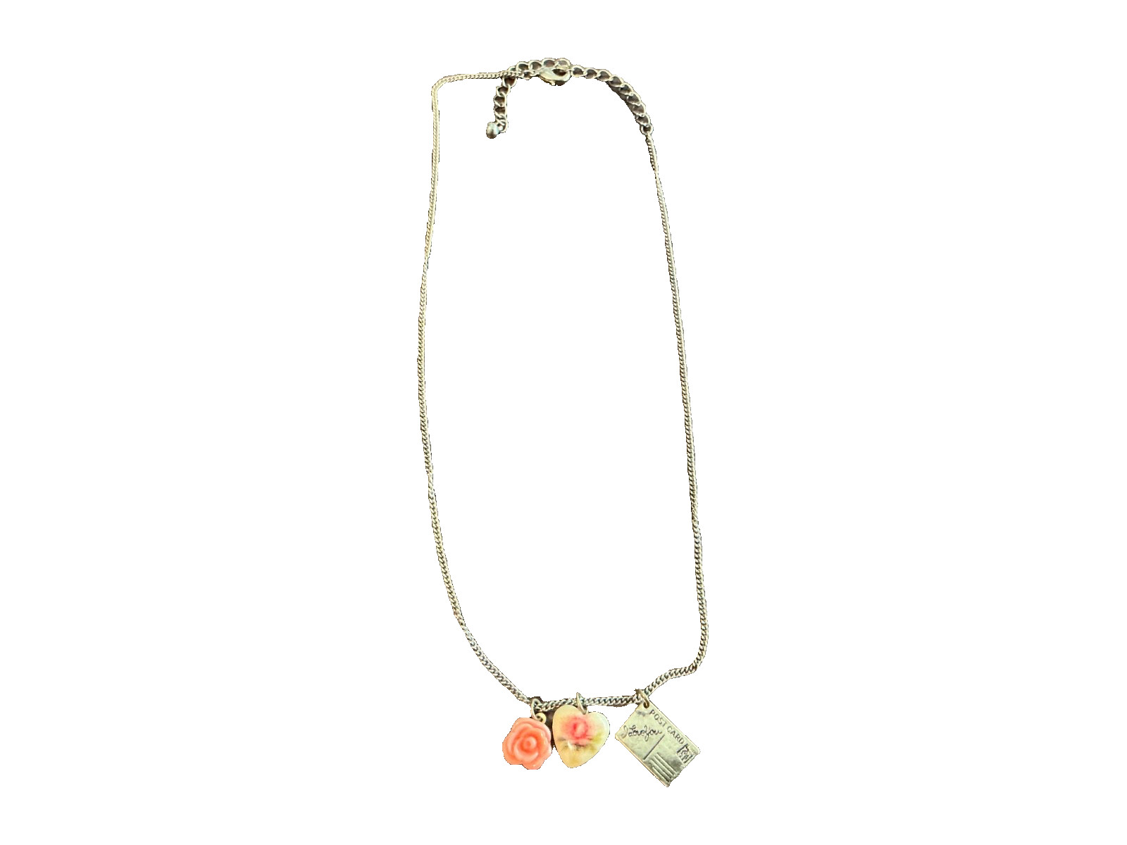 Charm Necklace (Rose, Heart, and Postcard) 16-18” adjustable