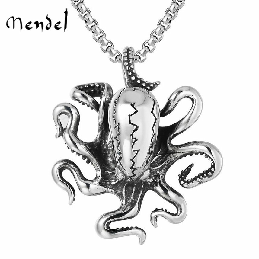 MENDEL Mens Octopus Pendant Necklace Stainless Steel Biker Jewelry Chain Silver