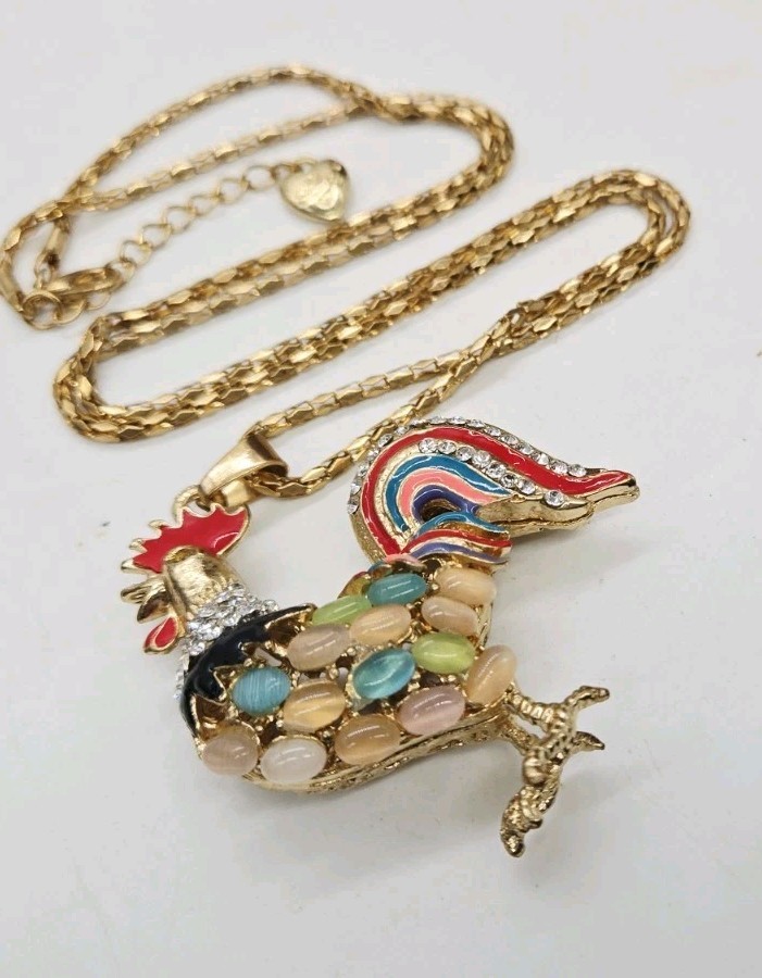 Rooster Necklace Farm Collection Multicolored Enamel Gold tone 27 in