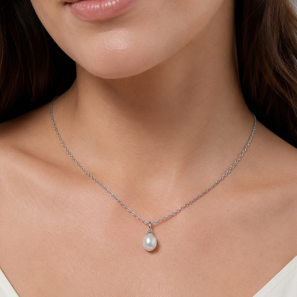 16″ Stainless Steel Cultured Freshwater Pearl Drop Necklace