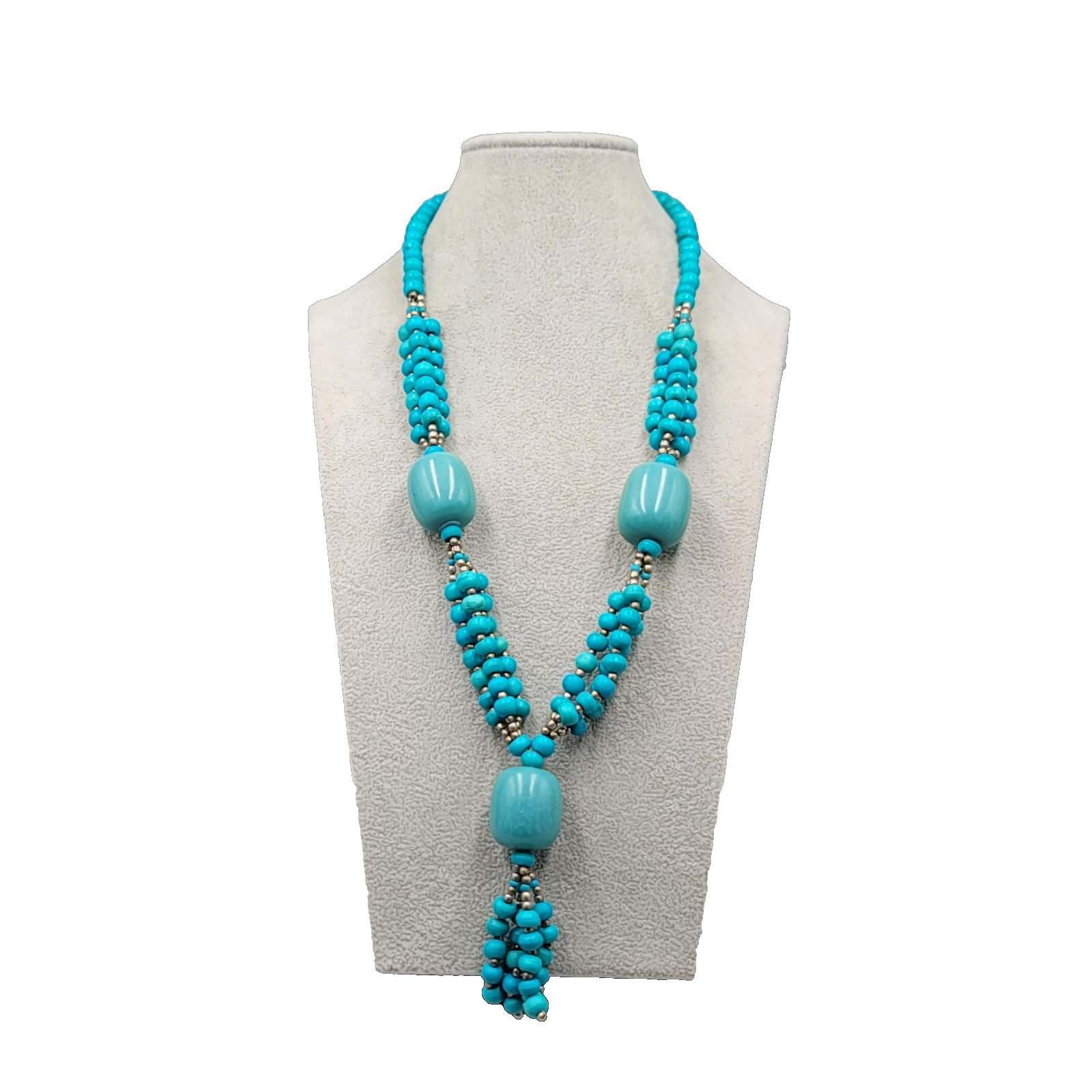 Turquoise Blue Resin Statement Bead Necklace Tassel Pendant 24″