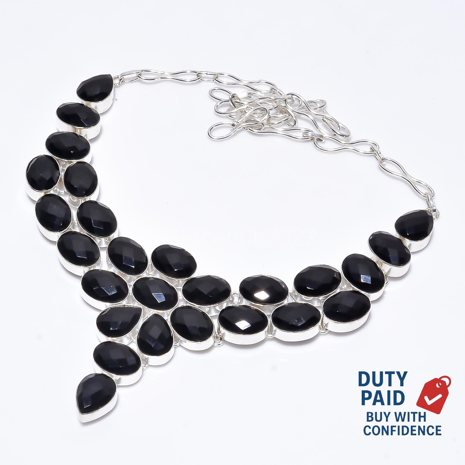 Mix Shape Genuine Black Spinel Channel Set Hook Chain Wife Necklace 925 Silver