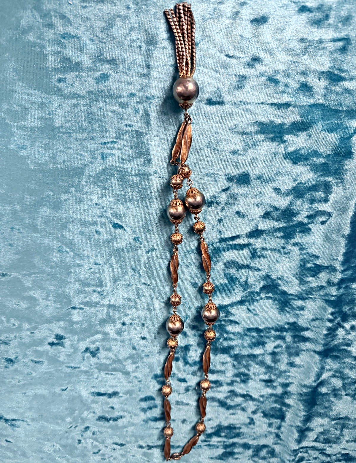 Gold Tone Metal Beaded Necklace Ball/Bead Chain Tassel Pendant