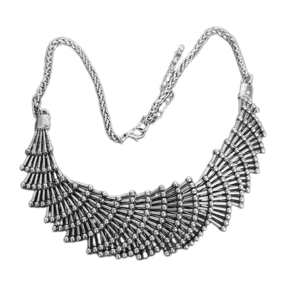 Unbrended Art Deco Silvertone Metal Chain Statement Necklace 20-23″