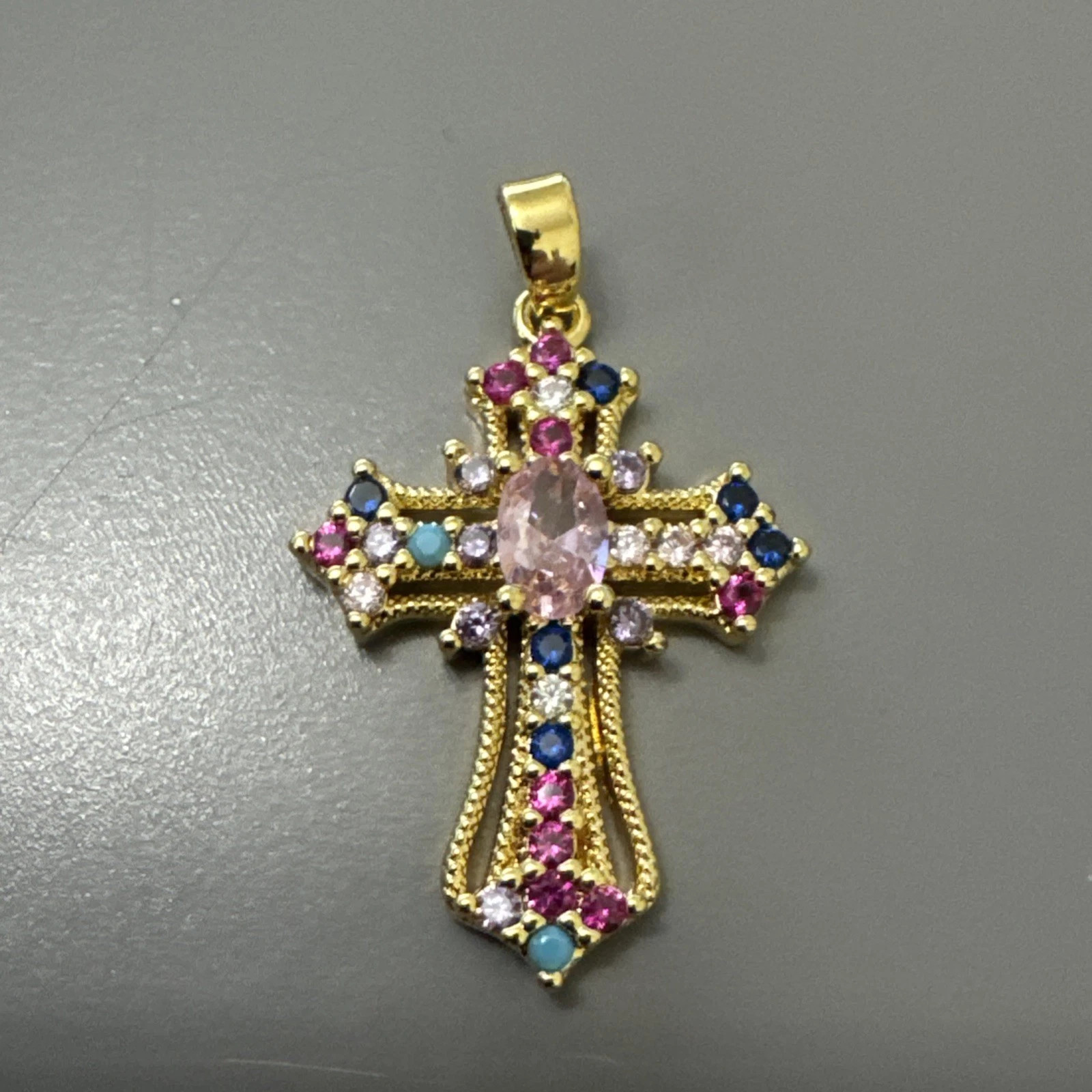 Cross Pendant Cubic Zirconia 18” Gold Tone Stainless Steel Multicolor Pink Gift