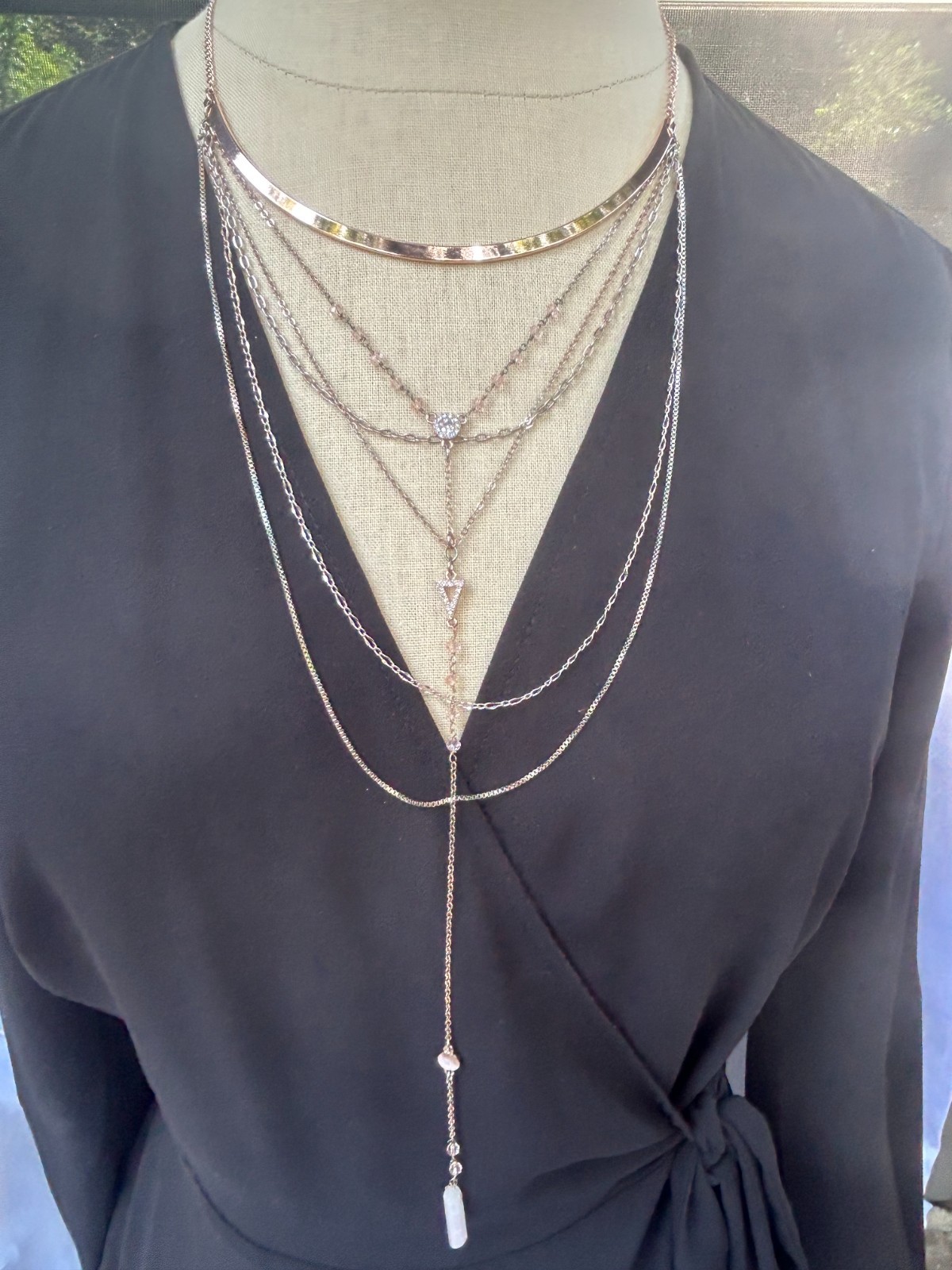 EXPRESS Layered Choker Necklace Silver Tone Quartz Crystal Bar Pendant Multi str