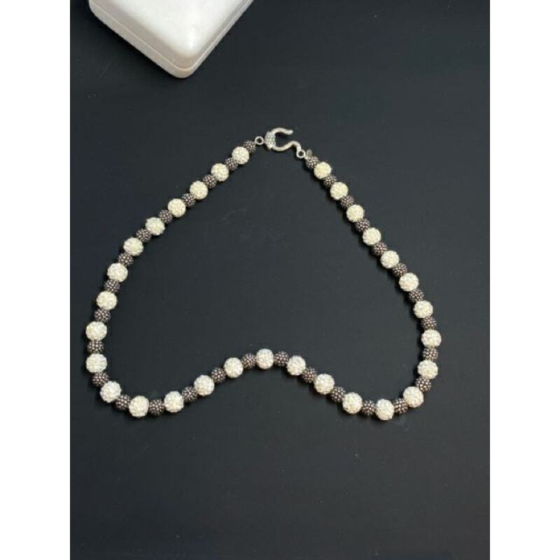 Sterling Aya Jordan Crystal Ball Textured Bead Hook Clasp Necklace 8mm 17″
