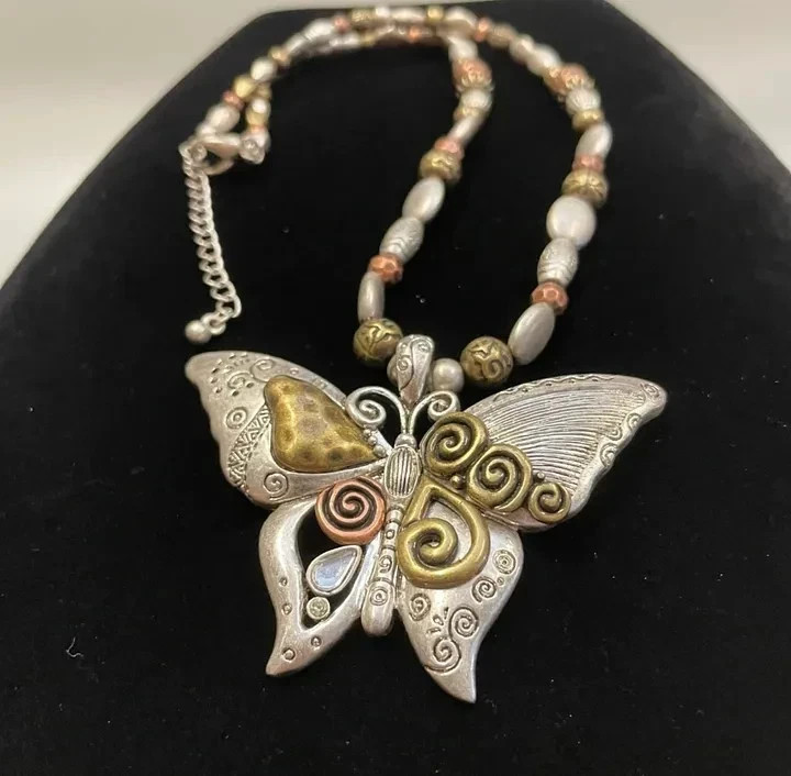 READ! Vintage Mixed-Metal Repoussé Boho Industrial Butterfly Pendant Necklace