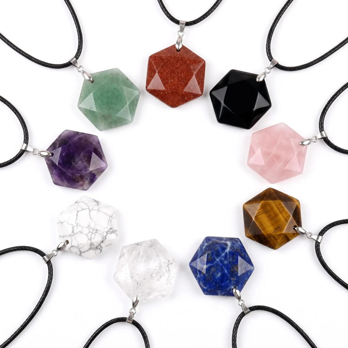 6PCS 22mm Faceted Hexagon Stone Necklace with Black Rope Chain Jewelry Gift