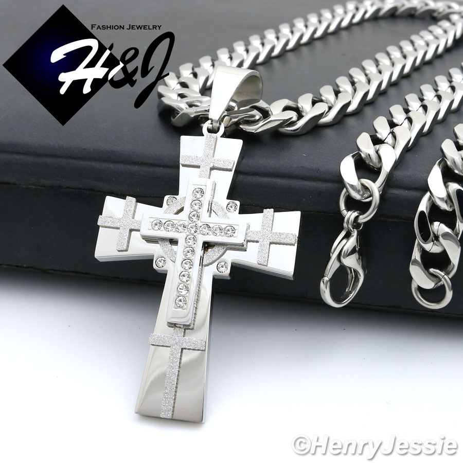 18-40″MEN Stainless Steel 9mm Silver Cuban Curb Chain Bling CZ Cross Pendant*N7