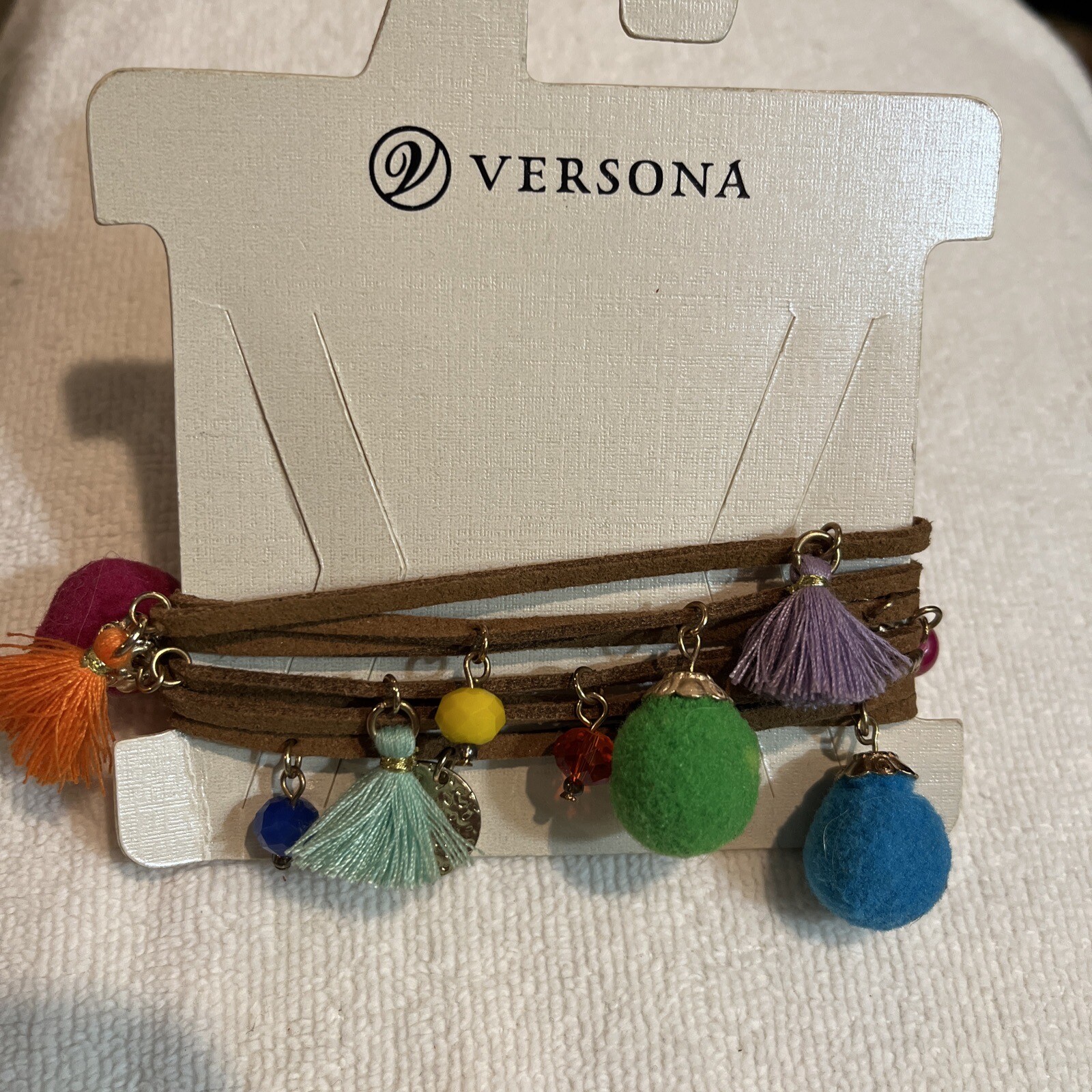 Necklace Versona Blue Moon Boho Faux Leather W/ Tassels & Felt Balls New Tags
