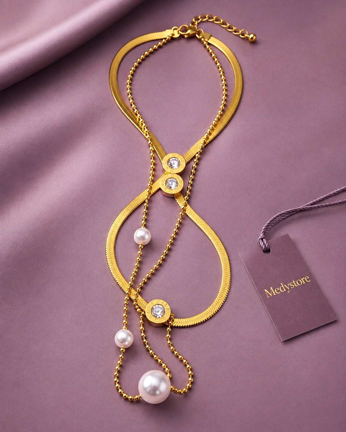 Medystore Layered Gold Tone Necklace CZ & Pearls Bead Chain Adjustable Lobster