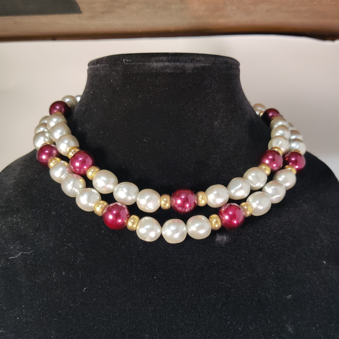 Signed Napier Double Strand Simulated Pearl Pink Glass Bead Necklace Box Clasp