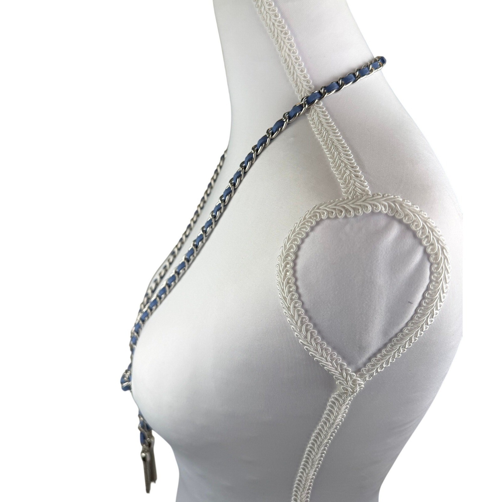 GUESS Silver Blue Woven Chain Lariat Tassel Necklace Long Adjustable Boho Chic