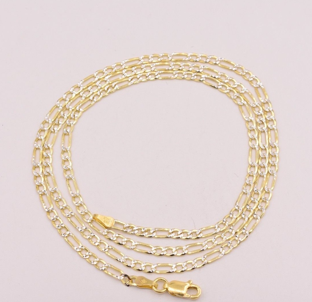 Solid Figaro Link Gold Plated Pave Necklace Chains Real Sterling Silver Two-tone