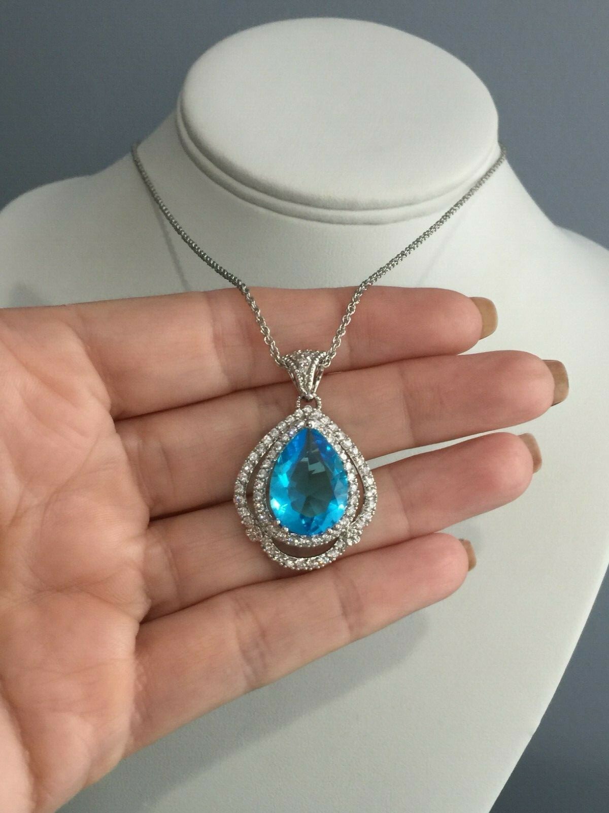 Stunning Blue Crystal & Clear CZ Statement Pendant Silvertone Brass 18 + 2 Inch
