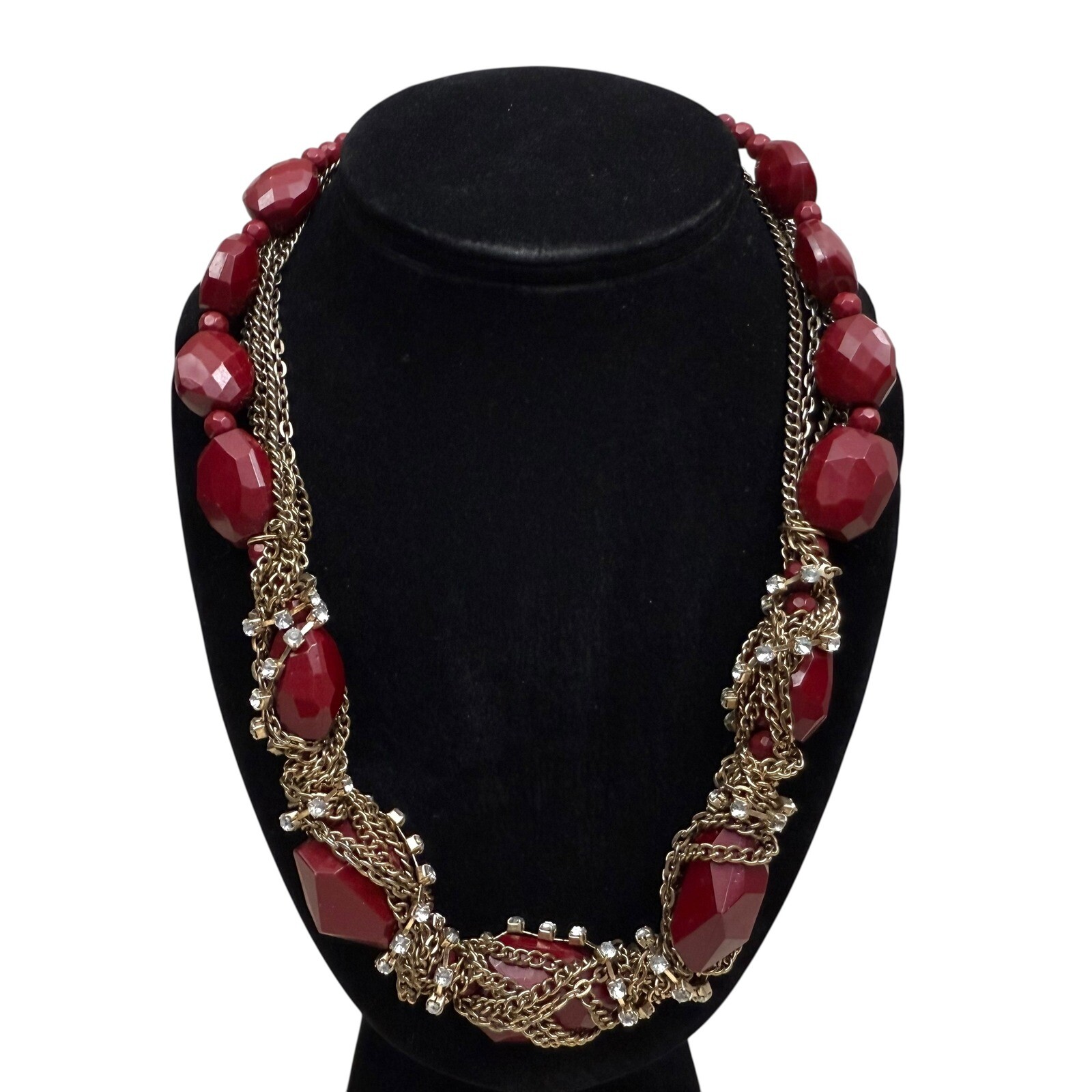 Ruby Red Faceted Acrylic Rhinestone Chain Chunky Beaded Statement Necklace 10 in